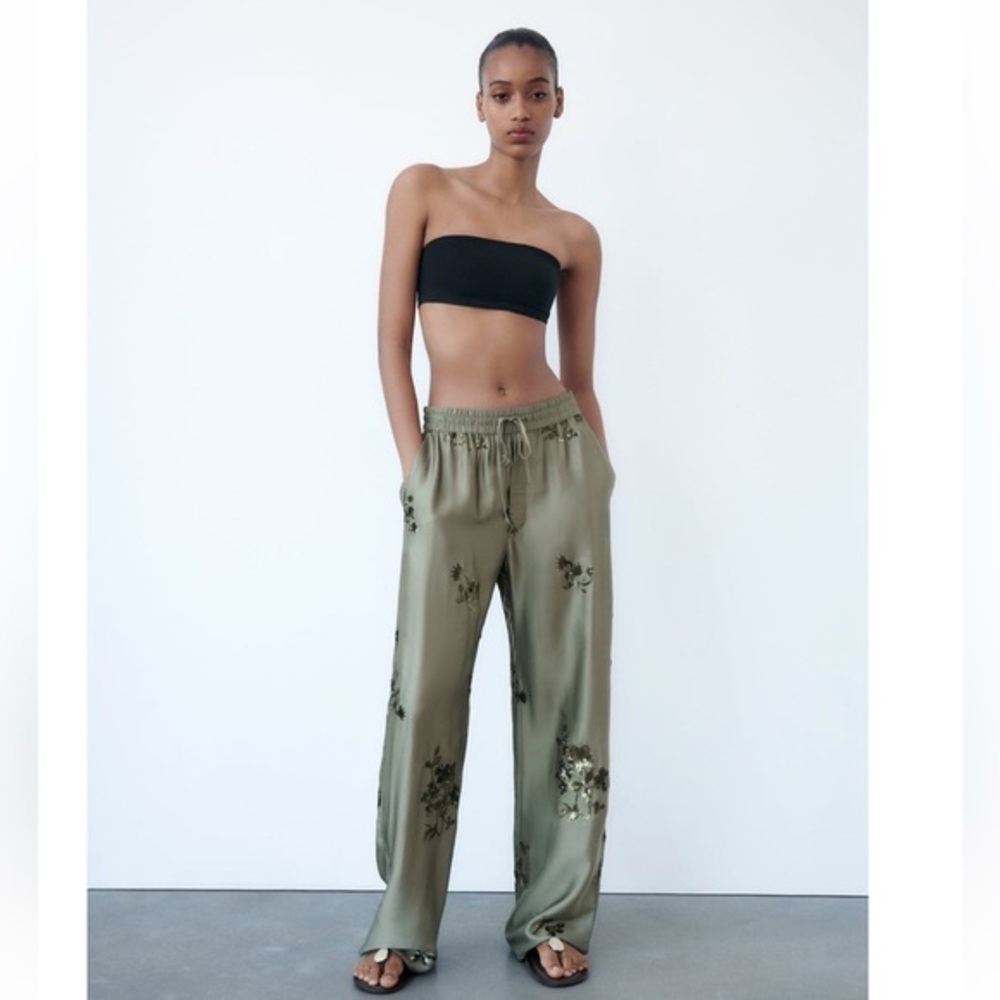 Zara sequin satin effect Embroidered sequin Olive Green Satin Pants NWT XXL - Picture 2 of 10